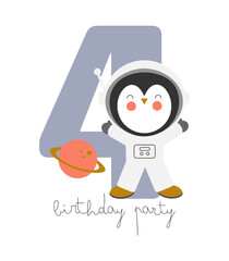 Space Party Invitation Card Template, Birthday Party in Cosmic Style Celebration, Greeting Card, Flyer Cartoon Vector. Kids illustration with bear astronaut and number four.