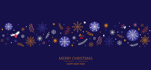 Merry Christmas and Happy New Year greeting card for 2022 holidays.Horizontal banner with christmas elements-snowflakes,snow,berries, branches on blue background.Christmas pattern.Vector illustration.