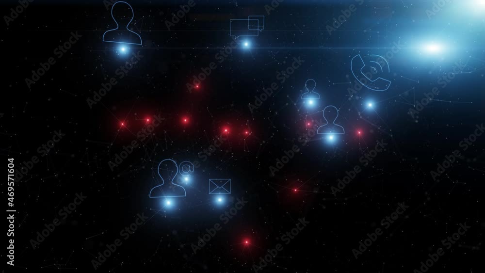 Poster people and communication network icon symbols movement in cyberspace with glowing red and blue light