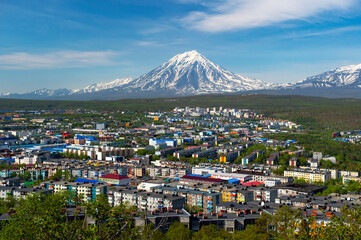 Kamchatka Peninsula, Russia.
Petropavlovsk-Kamchatsky,  city architecture on the background of volcanoes. Russian tourism