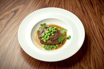 Stewed beef cheek with mushroom sauce and edamame beans in a white plate on a wooden background