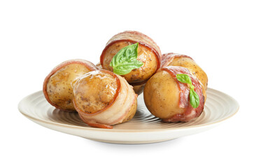 Plate of tasty baked potatoes with bacon on white background