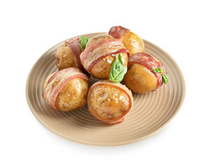 Plate of tasty baked potatoes with bacon on white background