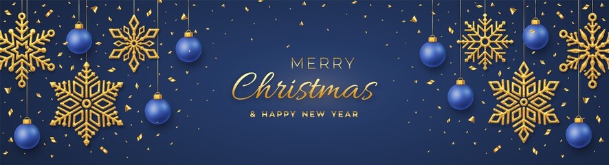 Christmas blue background with hanging shining golden snowflakes and balls. Merry christmas greeting card. Holiday Xmas and New Year poster, web banner. Vector Illustration.
