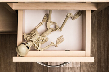 Human skeleton in a pull-out furniture drawer