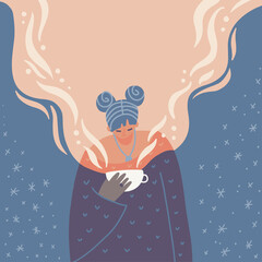 Fashion illustration of teen girl hipster in knitted oversize pullover drinking tea or coffee. Warmth and light emanate from the hot drink. A cozy winter metaphor. Flat vector illustration