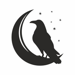 Silhouette of a crow sitting on a crescent moon