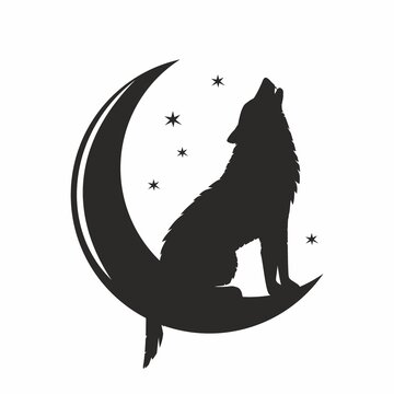 The silhouette of a wolf on a crescent moon sits and howls	