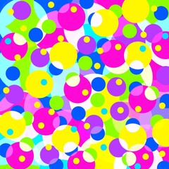 Fototapeta na wymiar Violet yellow pink dots and circles on colorful vintage background. Decorative ornamental pattern from round elements. Geometric ornament. Space for creative ideas and graphic design.