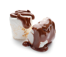 Tasty grilled marshmallows in chocolate on white background