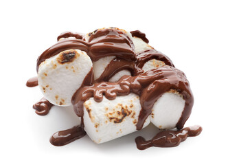 Tasty grilled marshmallows in chocolate on white background
