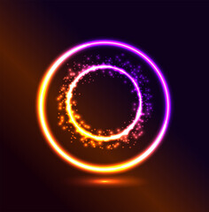 Glowing geometric elements On Dark Backdrop. Neon cyberpunk background