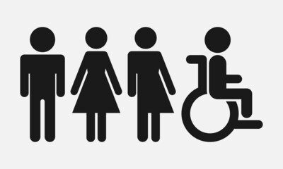 Male, female, unisex (gender-neutral) and persons with a disability vector symbols isolated on white background.