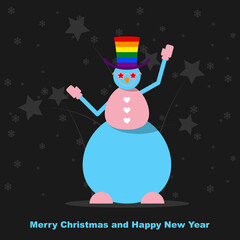 Snowan in rainbow hat wish you Merry Christmas and Happy New Year.