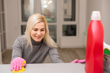 Women at work, portrait of happy professional female cleaner smiling and looking at camera in office