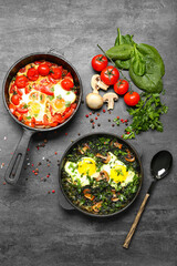 Frying pans with tasty Shakshouka and vegetables on black background