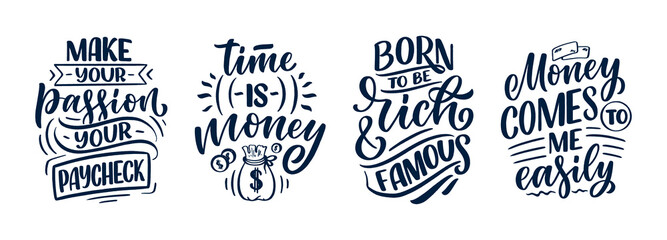 Fototapeta premium Set with hand drawn lettering quotes in modern calligraphy style about money. Slogans for print and poster design. Vector