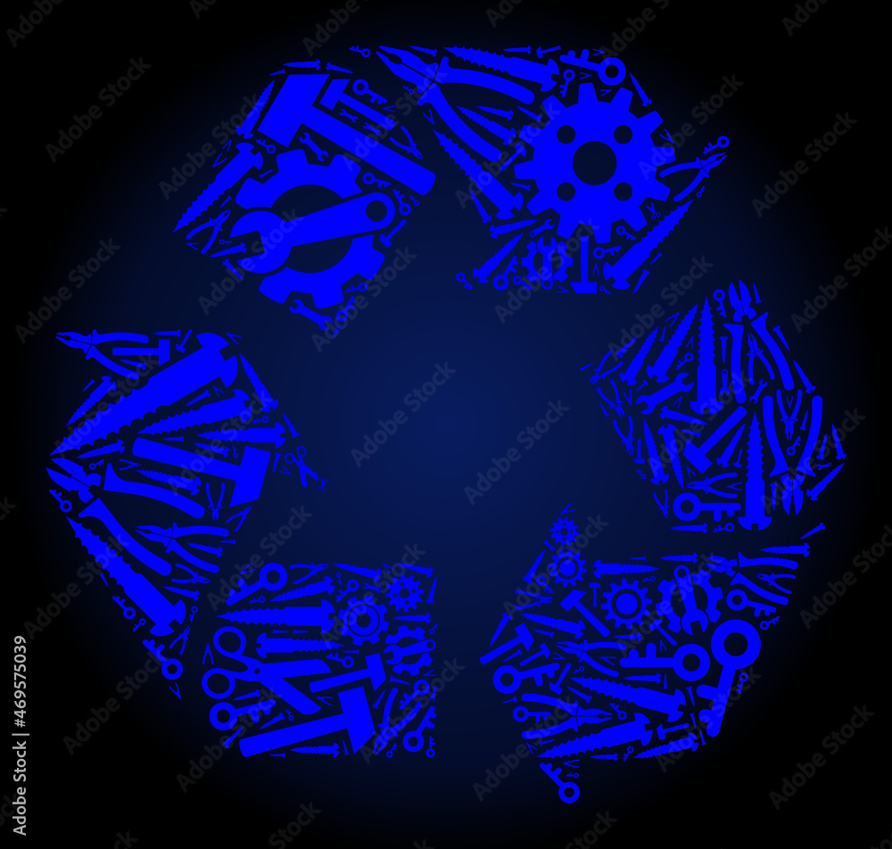 Poster service recycle arrows composition of service tools on a dark blue gradient background. vector recyc