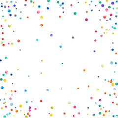 Watercolor confetti on white background. Admirable rainbow colored dots. Happy celebration square colorful bright card. Impressive hand painted confetti.