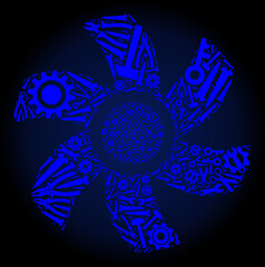 Repair service rotor collage of service tools on a dark blue gradient background. Vector rotor is made with blue cogwheels, spanners, and other tools, and based on rotor icon.
