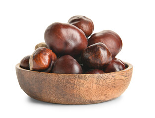 Wooden bowl of chestnuts isolated on white background