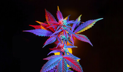 Cannabis with multicolored vibrant leaves. Marijuana colorful plant on black background. Exotic...