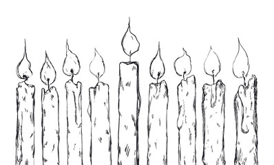 Drawing of nine lighted candles for Hanukkah, Vector illustration