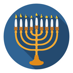 Hanukkiah with lighted candles over round button in flat style, Vector illustration