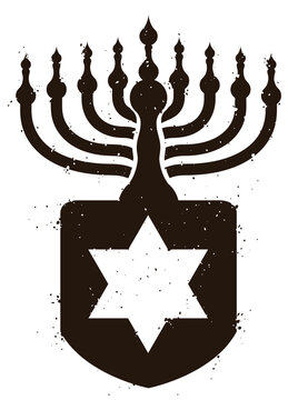 Stamp for Hanukkah with Hanukkiah, dreidel and David's Star silhouettes, Vector illustration
