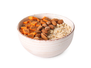 Bowl of tasty oatmeal with pumpkin and almond on white background