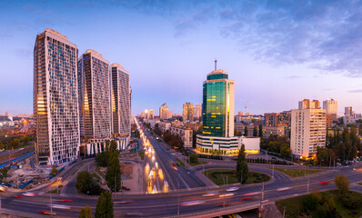 Fototapeta na wymiar Drone view, morning panorama of Victory Avenue Kyiv.