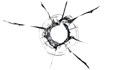 Hole from a ball in the glass on a white background close-up.