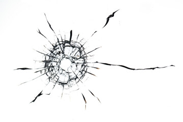 Black cracks from kulsi in glass on a white background. Macro.