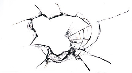 Hole from a ball in the glass on a white background close-up.