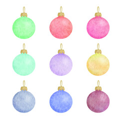 Vector illustration. A set of Christmas tree toys. Multicolored watercolor balls with a gold mount on a white background. For the decoration of postcards, New Year posters, advertising.