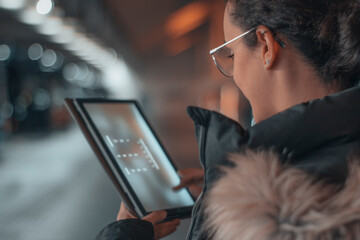Gestora con gafas formal con seriedad de pie revisando sus apuntes con contratos en la tableta digital en la estación de autobuses por el recinto para tomar apuntes del transporte