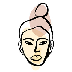 Contemporary African, Asian American woman art portrait, line art woman's face and shapes. Boho poster, banner.