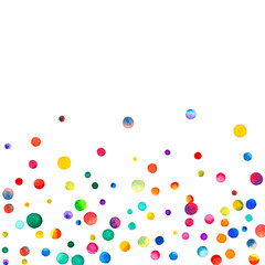 Watercolor confetti on white background. Actual rainbow colored dots. Happy celebration square colorful bright card. Remarkable hand painted confetti.