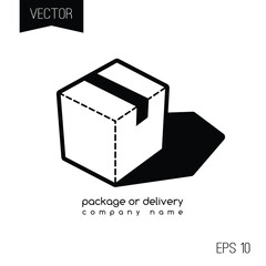 Package or delivery company logo or icon. Black cardboard box isolated on white background.