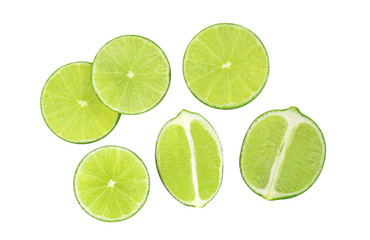 Sliced fresh lime fruit isolated on white background. Top view