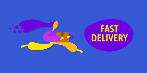 Fast delivery promo banner. Woman flat style character.