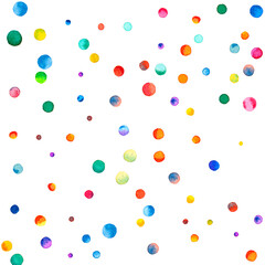 Watercolor confetti on white background. Actual rainbow colored dots. Happy celebration square colorful bright card. Exceptional hand painted confetti.