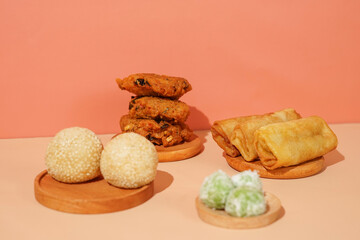 Indonesian street food presentation. various local foods served elegantly. traditional food photography for promotion, social media posts, or website.
