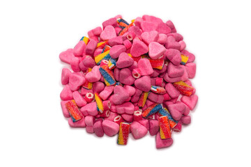 Assorted gummy candies. Top view. Jelly  sweets. Isolated on white.