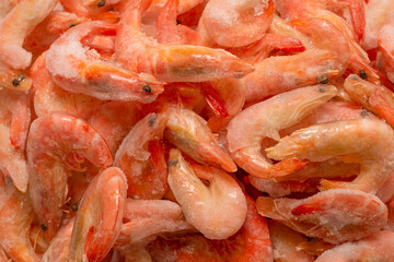 Fresh shrimps in ice. Top view.