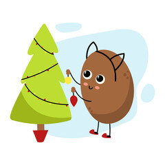 Cute kiwi character decorates the Christmas tree. Funny winter mascot. Cartoon kawaii fruit. Bright clipart for New Year greeting card design. Holiday toys and garland.