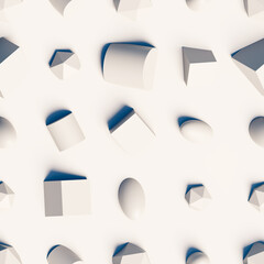 3d rendering. Seamless pattern of different geometric shapes scattered at random.