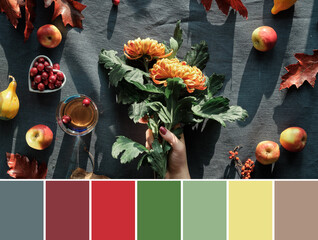 Color matching palette from image of Orange chrysanthemum flowers, dry bunny tail grass and red oak...