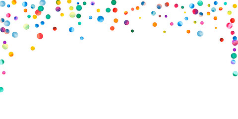 Watercolor confetti on white background. Alluring rainbow colored dots. Happy celebration wide colorful bright card. Ecstatic hand painted confetti.