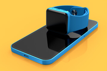 Obraz premium Mockup of smart watches or fitness tracker lying on smartphone on yellow.
